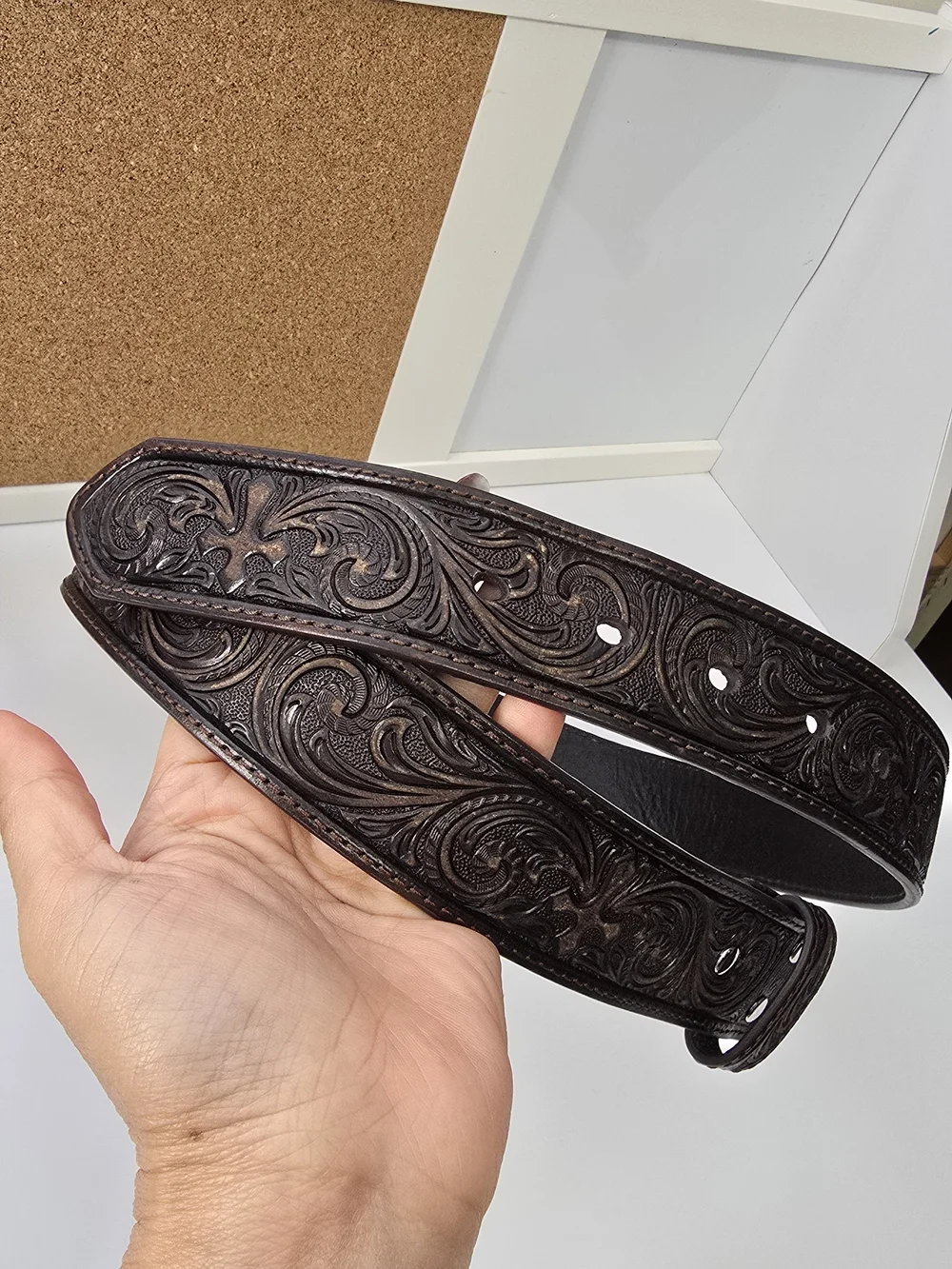 Nocona Tooled Dark Brown Leather Belt with Cross Motif